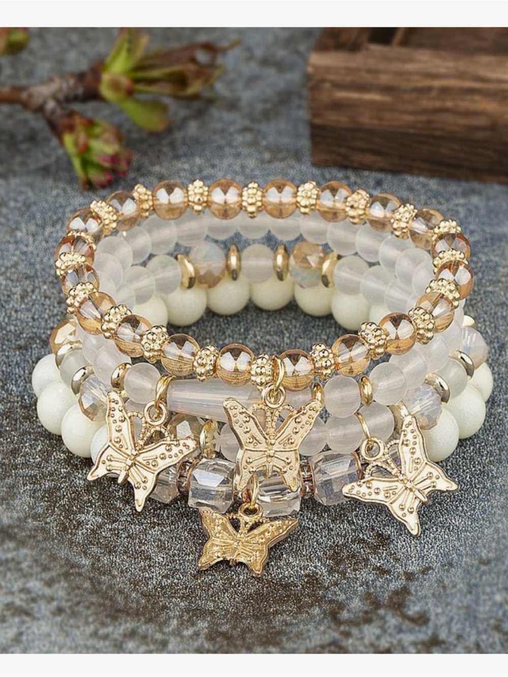 Boho Gold Butterfly Charm Beaded Bracelet Set Stack Cream Amber 4PC Stretch New - Picture 8 of 12